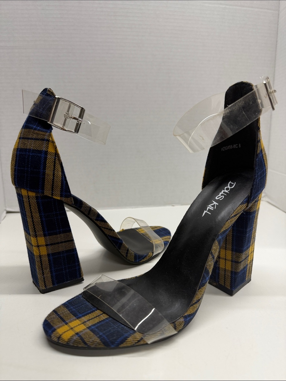 Dolls Kill Bee Like Whatever Plaid Heels High Heel Shoes Clear Strap Blue Size 8